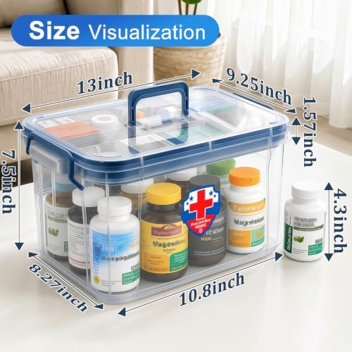 ANYPROLUS 15QT Clear Medicine Organizer Box with Handle, Plastic Medicine Container with Tray Empty First Aid Box, Thickened Medicine Storage Organizer Multipurpose Medication Organizer Storage, Blue - Image 3