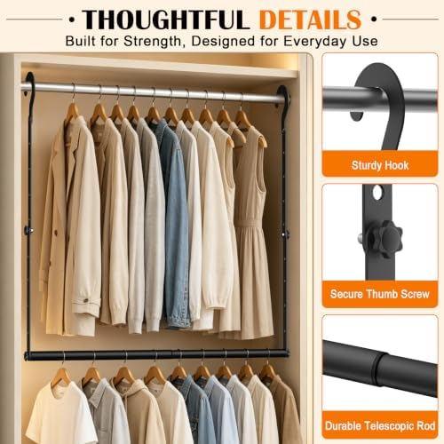 Adjustable Closet Rods for Hanging Clothes, Heavy-Duty Metal Hanging Closet Rod Extender, Clothes Hanging Bar with 9 Height Adjustments, Space-Saving Closet Hanging Storage Organizer - Image 4
