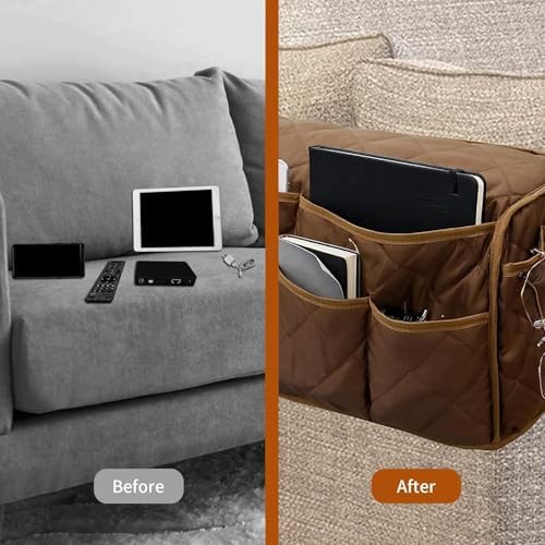 MEHIDFY Armchair Caddy Remote Control Holder for Couch Recliner Armrest Organizer Non Slip Couch Arm Covers for Sofa with 14 Pockets Storage for Magazine, Tablet, Phone, iPad (Brown 2pcs) - Image 3