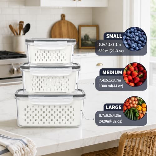 Fruit Containers 3Pcs with Removable Colanders & Lids, Fridge Fresh Storage - Image 3
