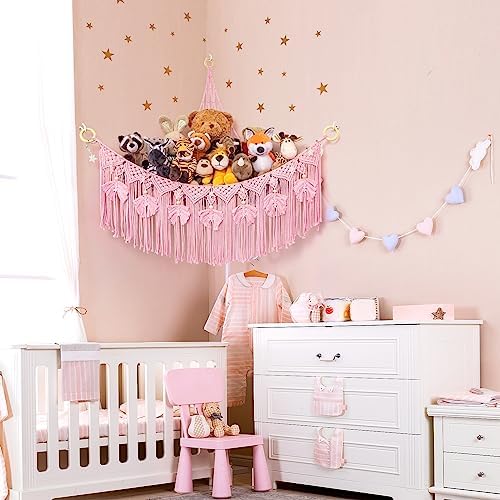 Macrame Stuffed Animal Storage with Star Light, Corner Hammock for Nursery - Image 3