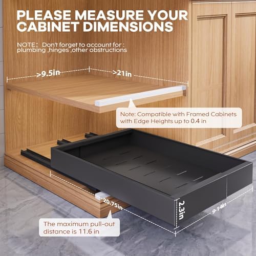 Seinloes 2 Pack Expandable (9"-14") Pull Out Cabinet Organizer 21" Deep With Raising Pad for Framed Cabinets,Upgrade 3 Slide Rails Slide Out Drawers,No Drill Roll Out Shelves Adhesive,Black - Image 3