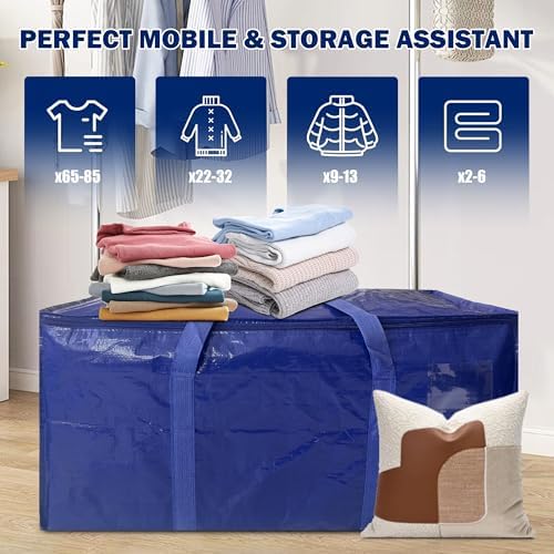 4 Pack Extra Heavy Duty Large Moving Bags with Strong Zipper & Carrying Handles, Sturdy Clothes Storage Bag Totes Bins, Packing Bags Moving Boxes College Moving Supplies, Dark Blue - 33 gal - Image 6