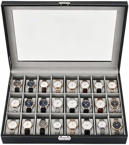 NYXOVA 24 Slots Lockable Watch Box, PU Leather Watch Display Case, Watch Storage Organizer with Removable Pillows for Men and Women, Jewelry Organizer for Watches, Travel and Home Use (Grey) by NYXOVA