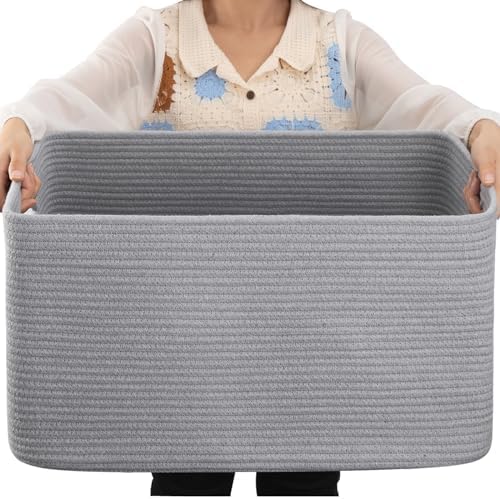 OIAHOMY 75L Large Blanket Basket Woven Storage Basket with Handle Grey by MasterofSpaceOptimization