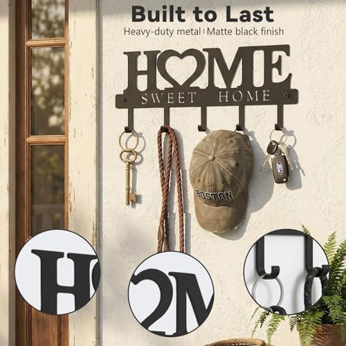 Entryway Wall Key Holder with 5 Hooks, Metal Key Rack Wall Mount for Keys, Bags and Leashes, Decorative Organizer for Entryway, Mudroom or Hallway, Sweet Home Design, 9.8 inches, Black - Image 5