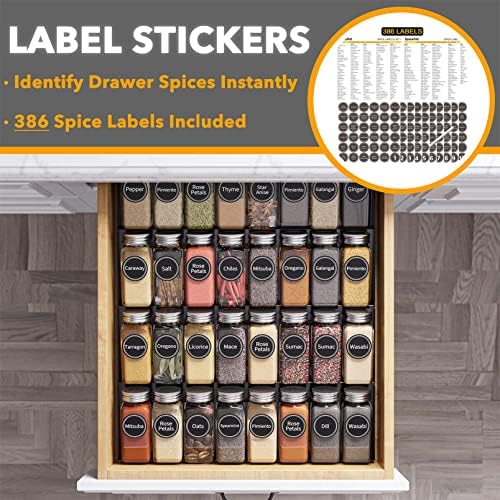 SpaceAid Spice Drawer Organizer with 32 Spice Jars, 386 Spice Labels, 4 Tier Seasoning Rack Tray Insert for Kitchen Drawers, 15" Wide x 17.5" Deep - Image 3