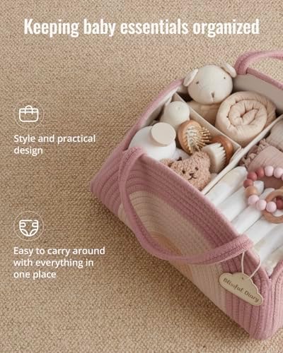 Blissful Diary Diaper Caddy Organizer, Woven Cotton Rope, Blush Rainbow - Image 2