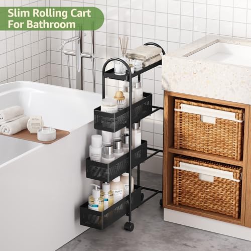 KINGRACK 4 Tier Slim Rolling Cart with Drawer, Metal Utility Storage Cart - Image 2