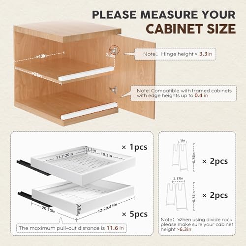 Seinloes 6 Pack Pull Out Cabinet Organizer 21"Deep with Raising Pad for Framed Cabinets,Expandable Slide Out Drawers with 4pcs Divider Racks,Roll Out Shelf Adhesive,Adjustable Width 12.05"-20.4"White - Image 4