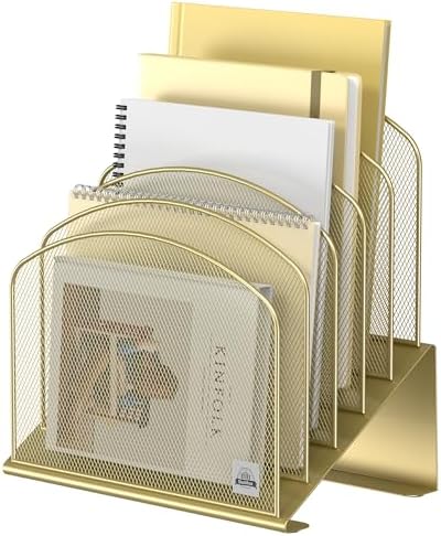 Delifox Inclined Desk File Organizer,Vertical File Folder Holder Stand Metal Rack File Sorter for Office Classroom Desktop Organization (1, Gold, 5) by Delifox