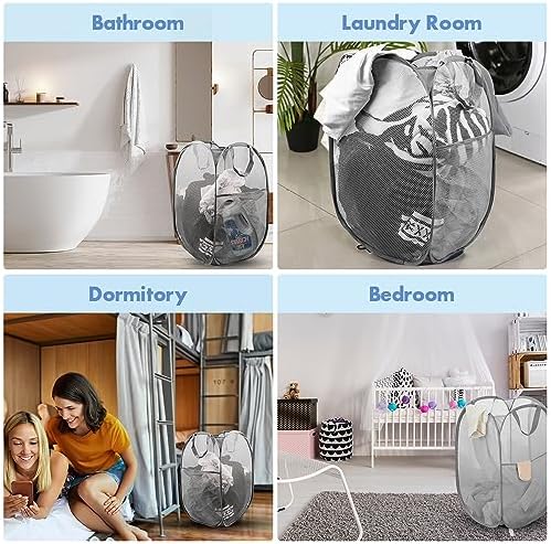 2 Pack Pop Up Laundry Hampers, 70 L Collapsible Foldable Mesh Basket, Gray - Image 7