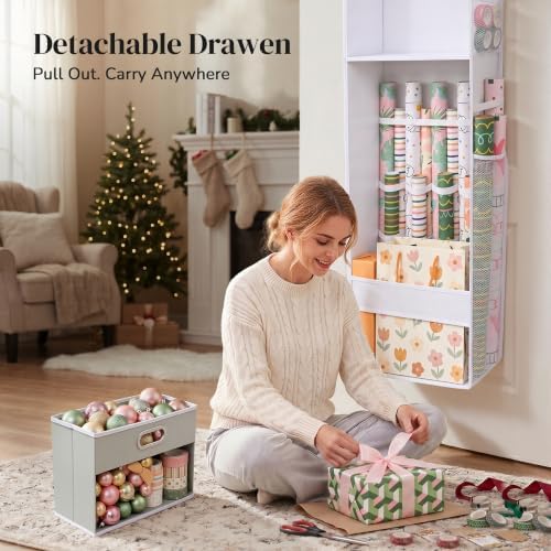 Ordovibe Wrapping Paper Storage Organizer, Over The Door Gift Wrap Holder with Removable Drawer & Side Mesh Pockets – Space Saving Closet Organizer for Christmas, Halloween, Birthday Rolls Supplies White - Image 4