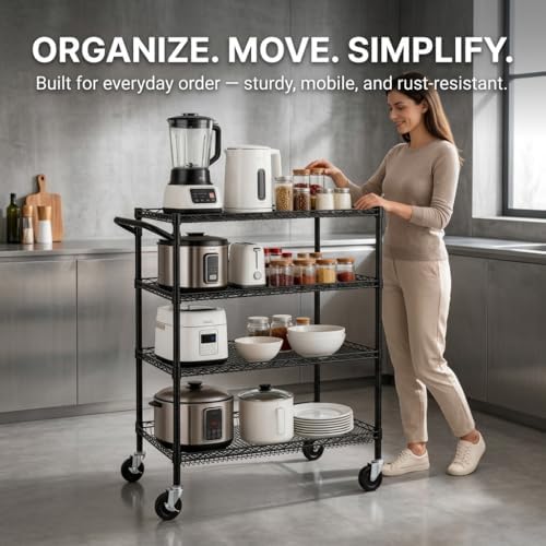 Finnhomy 4 Tier Heavy Duty Commercial Grade Rolling Cart with Handle Bar, Metal Wire Utility Cart with Wheels, Shelf Size 18" D x 30" W, NSF Listed, Black - Image 6