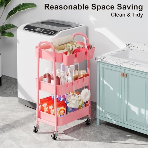 3 Tier Metal Rolling Cart with Lockable Wheels, Three Tiered Storage Carts - Image 4