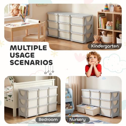 Qaba 9 Drawers Kids Storage Unit 3 Tier Toy Organizers Cream White - Image 5