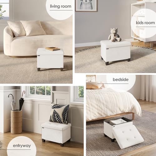 Storage Ottoman Cube with Small Bin, 16-in Square Ottoman with Storage for Living Room and Bedroom, Small Ottomans Foot Rest, Fabric Foot Stools Ottomans Max 330lbs, Cream - Image 4