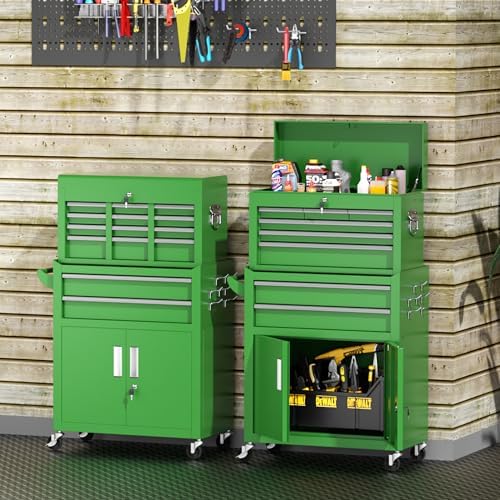 INTERGREAT Tool Chest, 8 Drawer Rolling Tool Chest with Drawers, Detachable Top Tool Box, and Locking Mechanism, Metal Tool Cart with Liner and 6 Hooks for Garage, Workshop, Green - Image 2