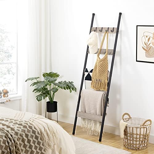 HOOBRO Blanket Ladder, 5-Tier Towel Rack with Hooks, Wall-Leaning Blanket Rack, Decorative Display Ladder Shelf, Scarves, Industrial, Living Room, Bedroom, Greige and Black BG52CJ01 - Image 6