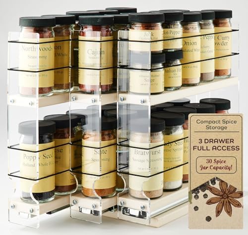 Vertical Spice Cabinet Mounted Spice Rack Drawer - Pull Out Cabinet Organizer - Cupboard Organizers & Storage - Pantry Shelves - 30 Reg. Jars, 3 Drawers, 2 Tiers (6.9" W x 10.75" H x 10.6" D, Cream) by VerticalSpice