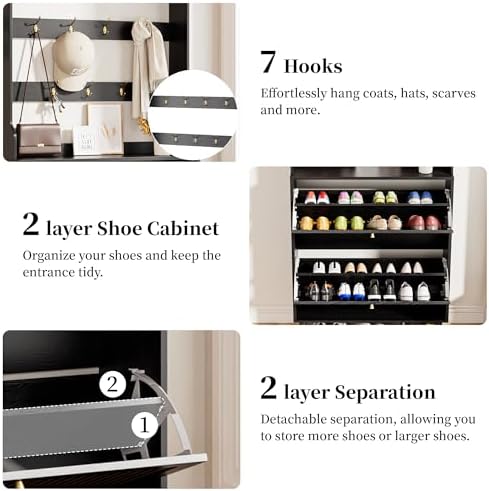 Fsbecl Shoe Storage Cabinet with 2 Fluted Flip Drawers & Coat Rack, Black - Image 4
