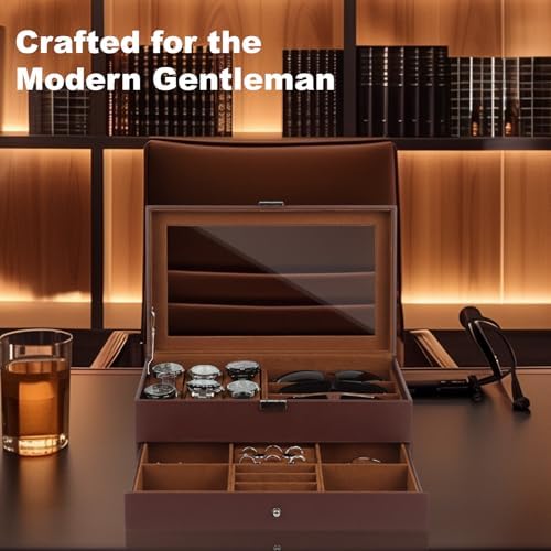 Jewelry Box for Men, 6 Slot Watch Box Jewelry Organizer With Drawer, Watch Case for Men with Large Window, 2-Layer Watch Holder, Sunglasses Storage Organizer, Velvet Lining, Fathers Day Gift - Image 2
