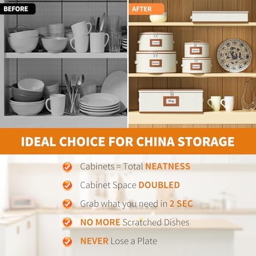 Aokeyee 6-Piece China Storage Containers Set, Hard Shell Moving Boxes for Dishes, Plates, Mugs & Flatware – Dinnerware Organizer with Soft Felt Dividers, Sturdy Handles & Zippers, Ivory - Image 4