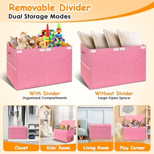 Large Toy Storage Box with Lid Upgraded Toy Chest Organizer with Removable PP Divider Foldable Toy Bin for Kids Boys Girls Linen Fabric Toy Box for Playroom Nursery Bedroom (25"x13"x16") - Image 5