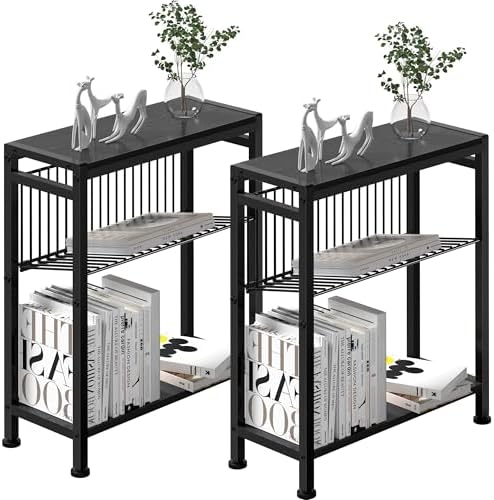 Side Table for Small Spaces, Set of 2 Narrow End Table with Magazine Holder, 2 in 1 Design Slim Side Table, Skinny Nightstand for Living Room Bedroom, Thin Side Magazine Table, Black by Lifenite