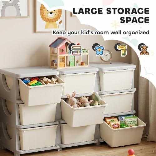 Qaba 9 Drawers Kids Storage Unit 3 Tier Toy Organizers Cream White - Image 4