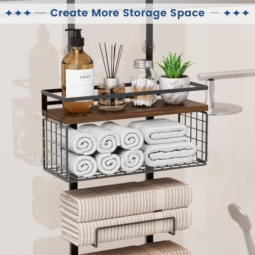 Aetyord Towel Racks for Bathroom Over The Door Towel Racks Towel Storage Organizer with Metal Shelf Basket for Bathroom Rv Camper (7-Tier Black with Brown Plank) - Image 4