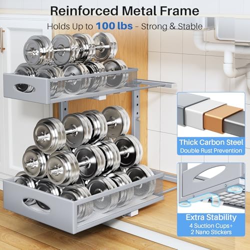 Under Sink Organizer, 2 Pack 2 Tier Pull Out Under Cabinet Organizer Shelf with Pad for Framed Cabinets, Metal Slide Out Under Sink Storage, Mesh Sliding Drawers for Kitchen Bathroom Laundry, Grey - Image 6
