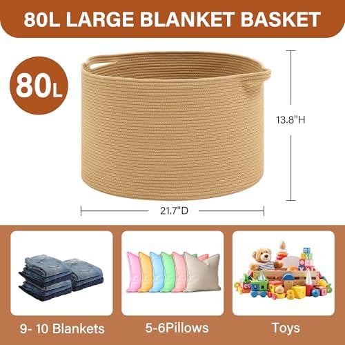 Foldable Laundry Hamper Basket with Collapsible Handle Cotton Rope Soft Woven Fabric Storage Organizer Clothes Toys Nursery Bedroom Dorm Space Saving Bin (Camel, 80L(21.7"D x 13.8"H)) - Image 6
