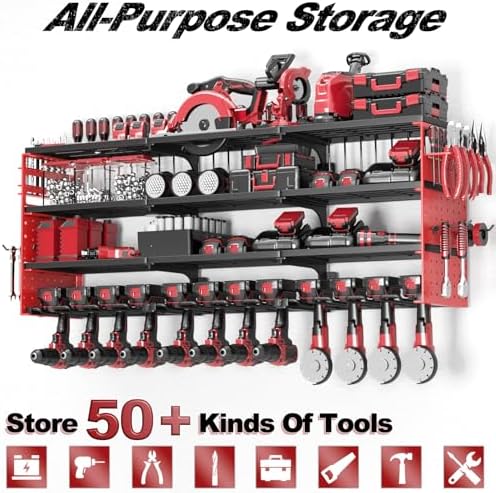 52" Metal Power Tool Organizer Wall Mount,4 Tier,Red - Image 6