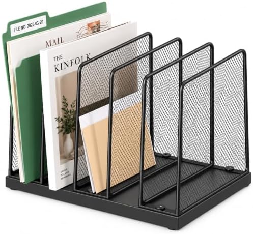 5-Section Vertical File Organizer for Desk, Sturdy Wood Base & Metal Mesh Desktop File Holder, Upright Paper Folder Sorter for Office Supplies（Black） by HOME