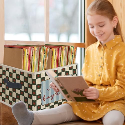 Boy Nursery Foldable Storage Bins Box with Handles, Long Live Boyhood Retro Green Checkered Collapsible Toys Books Clothes Organizer Basket for Kids Boys Nursery Room Bedroom Bathroom - Image 5