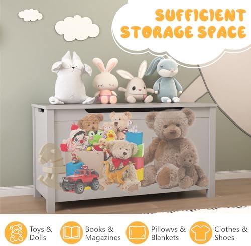 Kids Toy Box Chest, Large Wooden Storage Trunk Bench with Safety Hinged Lid for Ages 3+, Grey - Image 7