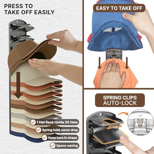Spring Clip Hat Organizer Hold Storage 40 Caps for Baseball Caps（2-Pack） Wall Mount Closet & Door Hat Rack Holder Hanging Closet Install with Strong Adhesive or Screws. - Image 4