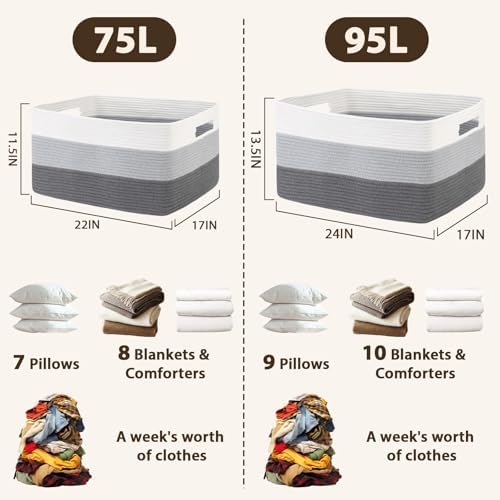 Optish 95L Large Woven Blanket Basket, Storage Basket with Handles, Grey - Image 3