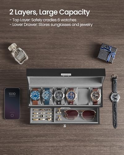SONGMICS 6-Slot Watch Box, Lockable with Glass Lid, 2 Layers Watch Case - Image 4