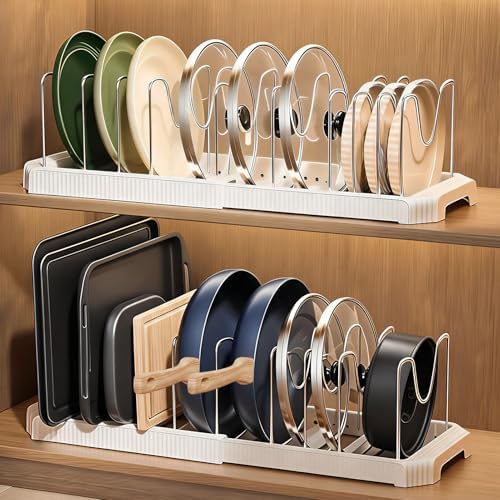 2 Pack Expandable Pots and Pans Organizer Under Cabinet, 13-22" Kitchen Cabinet Organizer with 10 Adjustable Dividers and 10Pcs Pot Protectors for Lids, Baking Sheets & Cookware (2, White) by Unknown