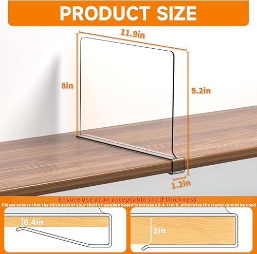 Yieach 10 Pack Clear Acrylic Shelf Divider for Closet Organization - 9.2″ Tall Closet Dividers for Wood Shelves,Cupboard,Vertical Shelf Separators in Closet for T-Shirt,Purse,Handbag,Sweater Organizer - Image 2