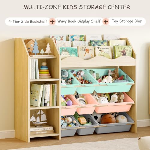 EXPERLAM Kids Toy Organizer, Scalloped Bookshelf, 4 Shelves, 9 Color Bins - Image 3