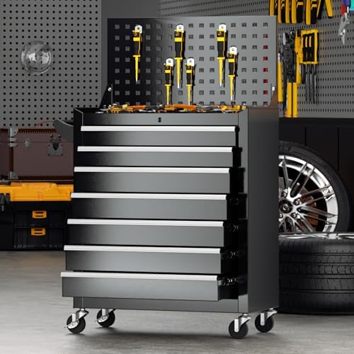 INTERGREAT 7 Drawers Rolling Tool Box with Pegboard,Portable Tool Chest with Wheels, Tool Box Organizer with Locking System for Garage(Black) - Image 2