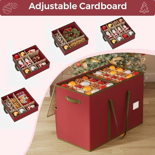 160-3” Large Christmas Ornament Storage Box, Dual Zippers, Stackable Christmas Storage Container with Clear Top Lid, 6 Trays, 600D Oxford, Red - Image 5