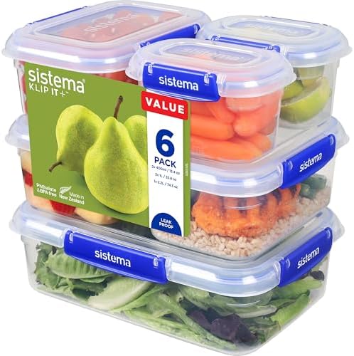 Sistema KLIP IT+ 6-Pack Rectangle Food Storage Containers, Stackable & Airtight Food Boxes with Lids, Dishwasher, Freezer, & Microwave-Safe, BPA-Free, 2.2L / 1L / 400mL by Sistema