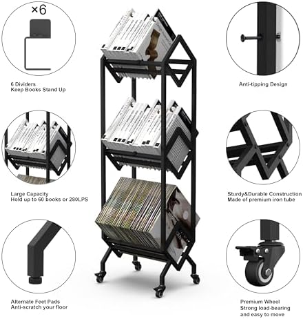 VENNQD Bookshelf Book Cart Rack Industrial Metal Bookcase 3 Tier Holder with Wheels Modern Stylish Design Magazines Files Album Recipe Book Storage Organizer for Sofa End Bed Beside (3 Tier) - Image 3