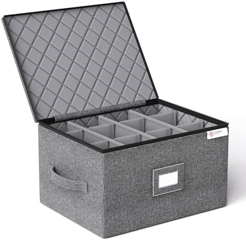 YearningHome Wine Glass Storage Box with Dividers,Hard Shell and Stackable Stemware Storage Containers with Sturdy Handle for Glassware Crystal Storage and Transport,Grey,Holds 12 by YEARNINGHOME