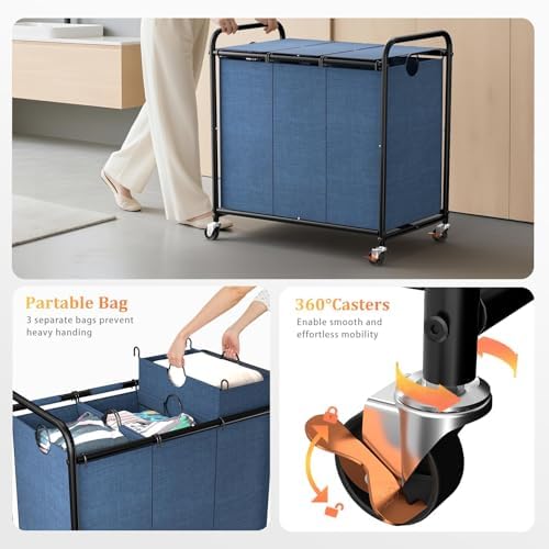 180L Laundry Sorter 3 Section, Rolling Laundry Basket with Wheels and Lid - Image 4