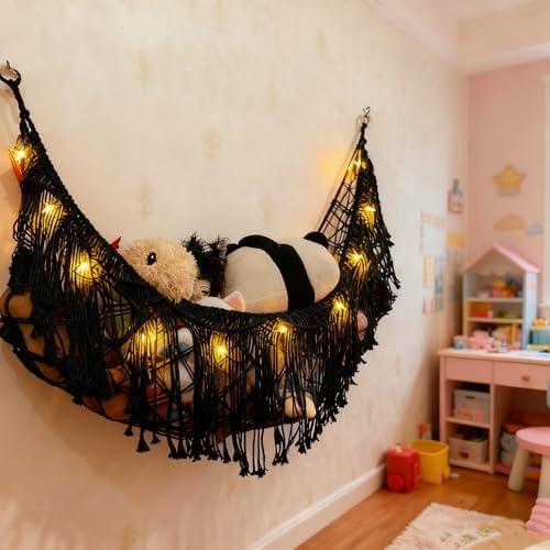 Stuffed Animal Hammock or Net With LED Lights Extra Large Wall Hanging Stuffed Animal Storage Nets for Teddy Bear Handmade Macrame Hanging Toy Net Hammock for Stuffed Animal Storage (Black) - Image 4